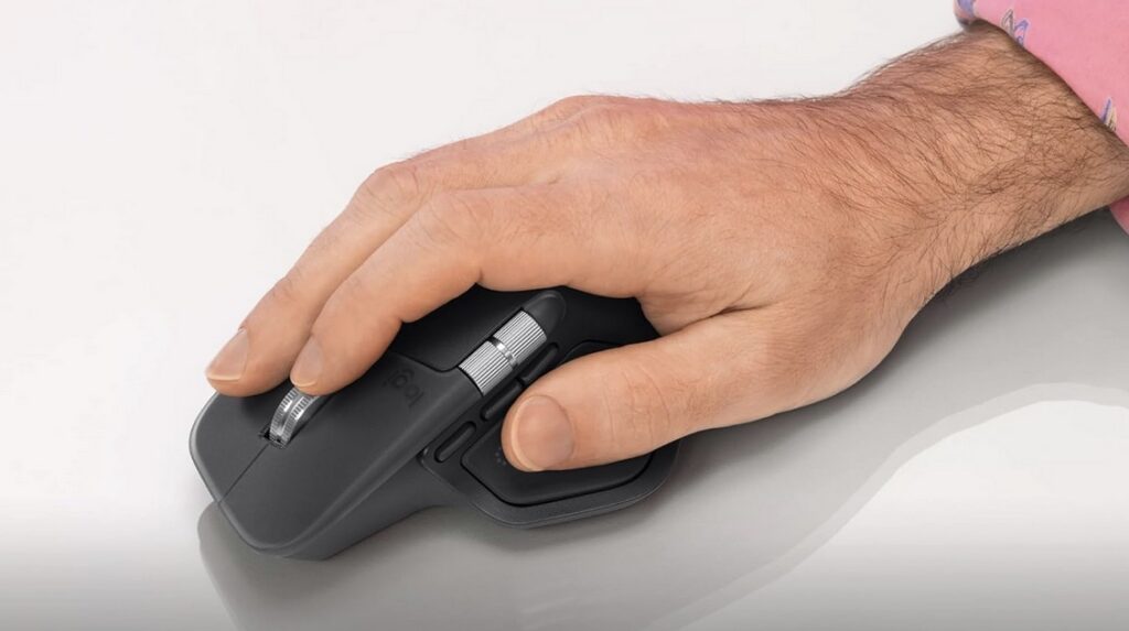 A hand moves a mouse against a white background