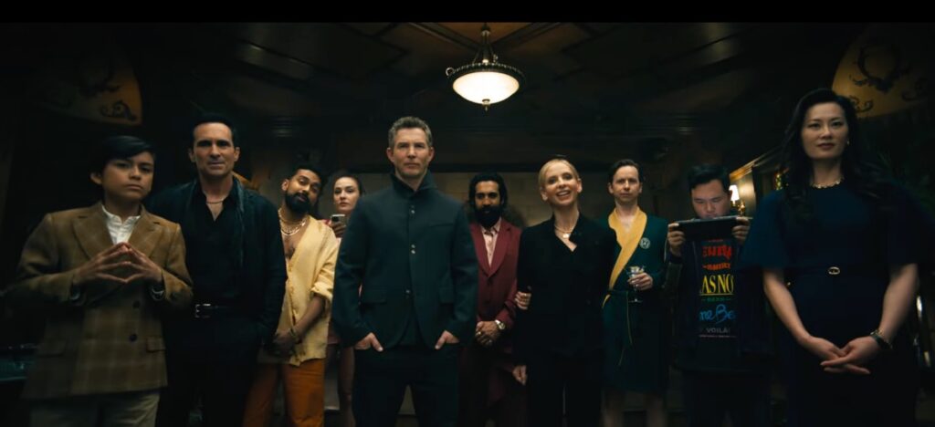line of intense people holding weapons