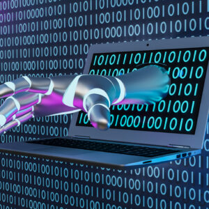 Cyborg's hand coming from laptop screen with a digital binary code theme background.
