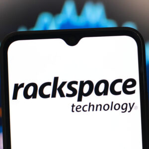 In this photo illustration, the Rackspace Technology logo is seen displayed on a smartphone screen