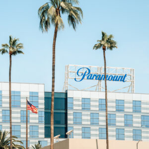 A Paramount logo is shown on the top of a building in Hollywood, California.