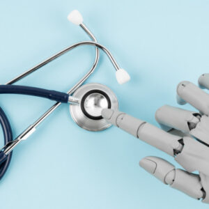Robot hand toy finger and medical stethoscope on blue background, AI and smart technologies in medicine and diagnostic concept