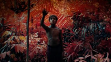 young barechested boy in a forest lit with exotic orange and red hues, holding up one hand as if yo touch something only he can see