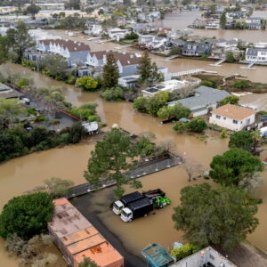 Flooded neighborhood in California, aerial view