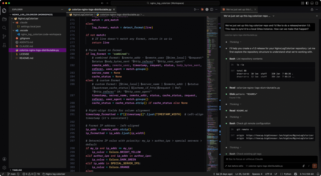 Screenshot of Lee's Visual Studio Code window showing the log colorizer project