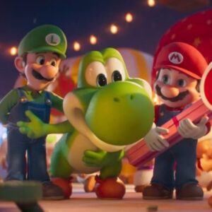 animated green dinosaur in between two cartoon Italian plumbers