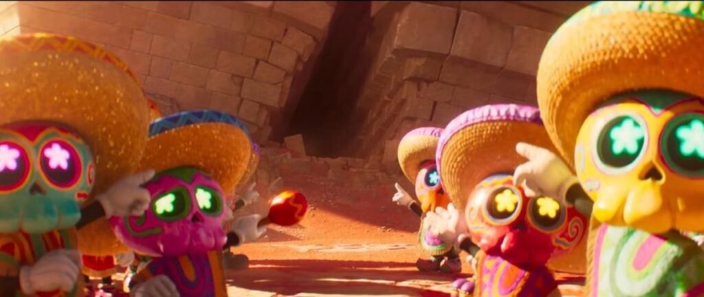 little cartoon characters with skull hands wearing sombreros