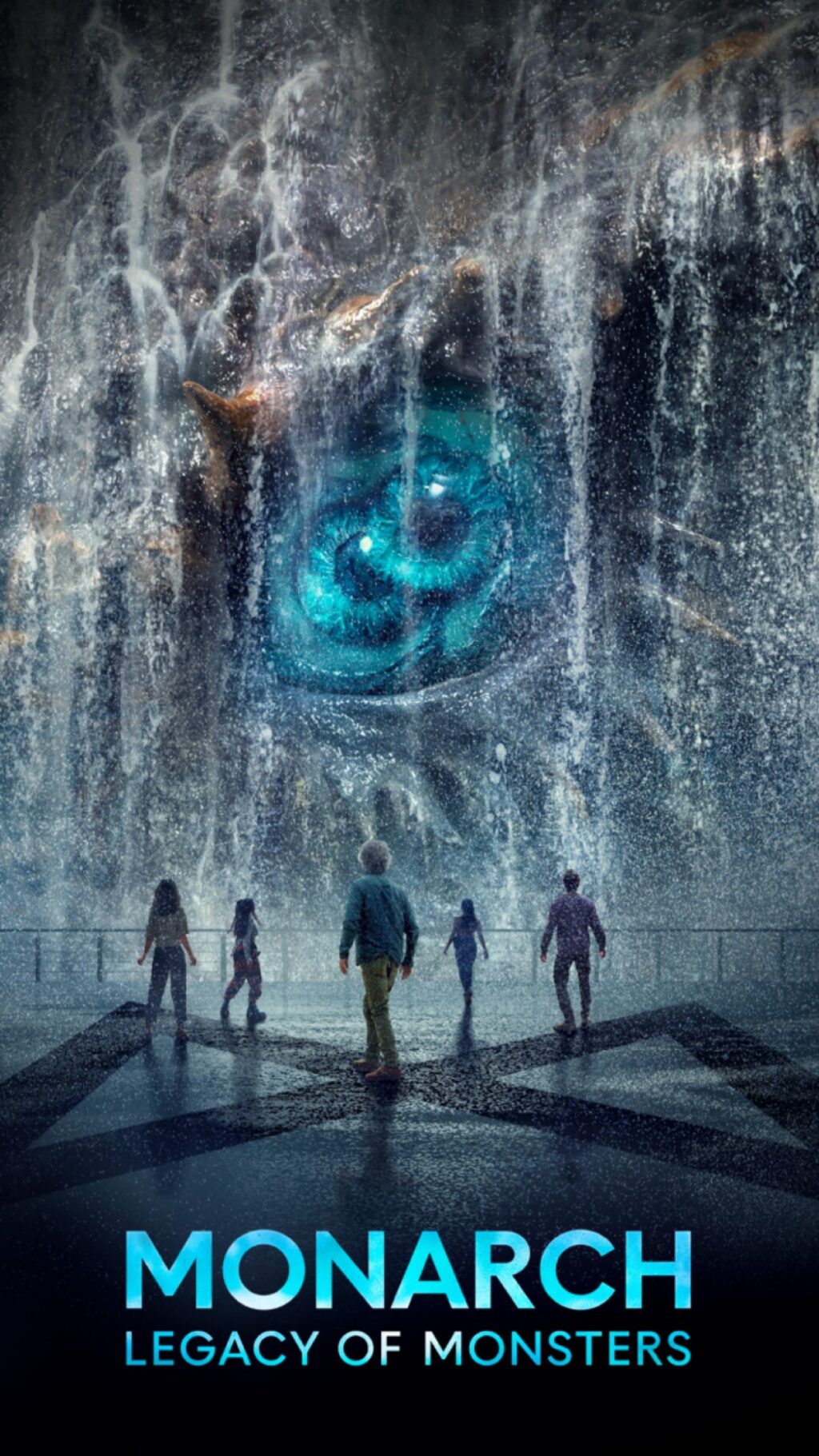 poster art showing small human figures against backdrop of a giant monster head with blue eye