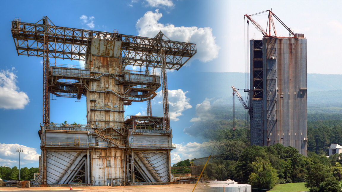 Montage of two photos showing tall, degraded metal structures and gantries.
