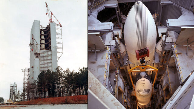 Two photos, side by side, of a tall structure and its interior showing rockets and space shuttles inside