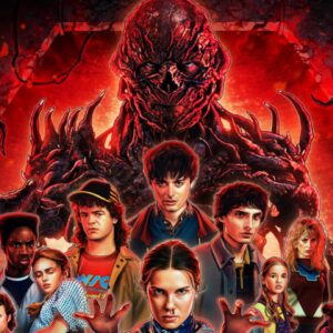 poster art for S5 showing the main cast with Vecna looming over them