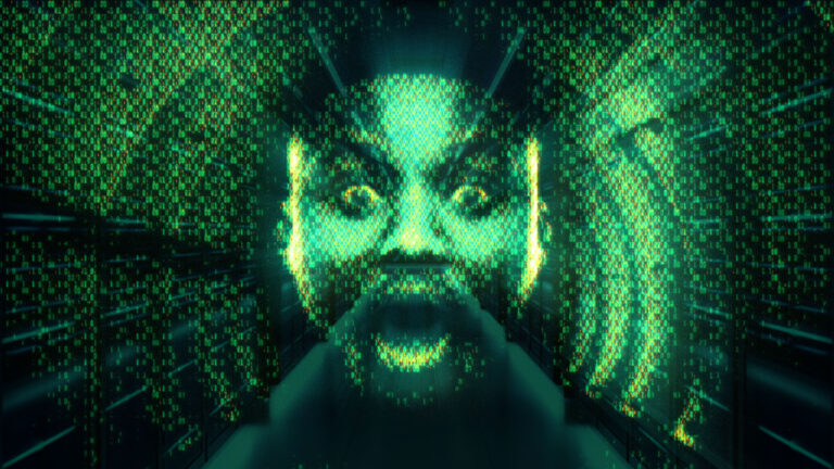An illustration of a green "ghost in the machine," a surprised man's face with green radiating pixels.