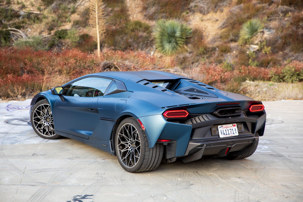Rear 3/4 of a blue Lamborghini Temerario