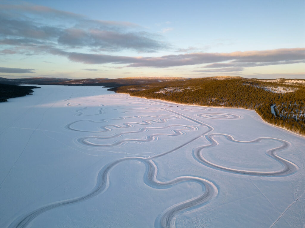 A number of circuits carved into the surface of a frozen lake