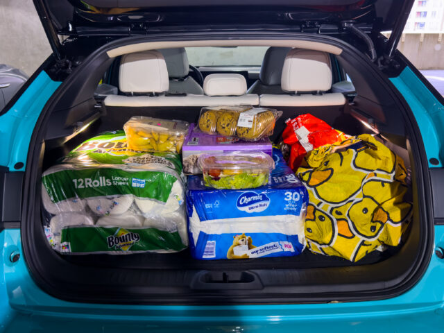 A Nissan Leaf cargo area full of shopping from Costco.