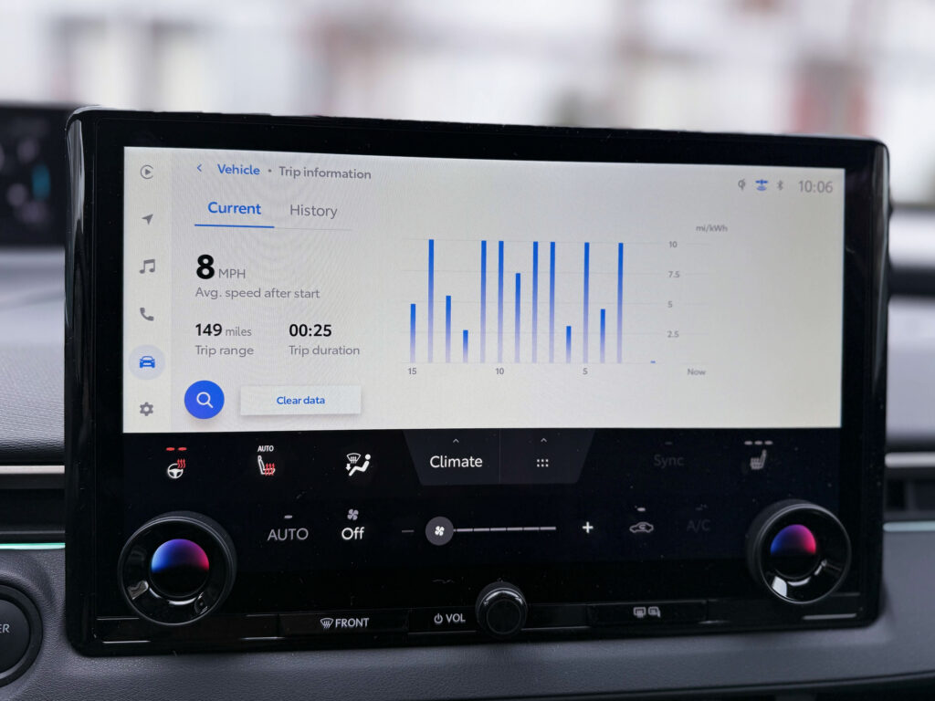 Toyota bZ infotainment screen showing a bar graph of efficiency over the last 15 miles, lots of it is very high.