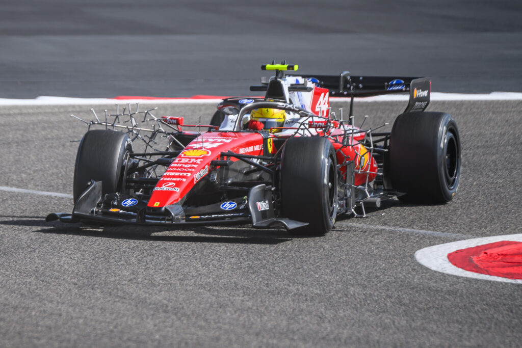 Lewis Hamilton of the Scuderia Ferrari HP F1 Team participates in Formula 1 Pre-Season Testing 1 in Sakhir, Bahrain, on February 11, 2026. (Photo by Ahmad AlShehab/NurPhoto via Getty Images)