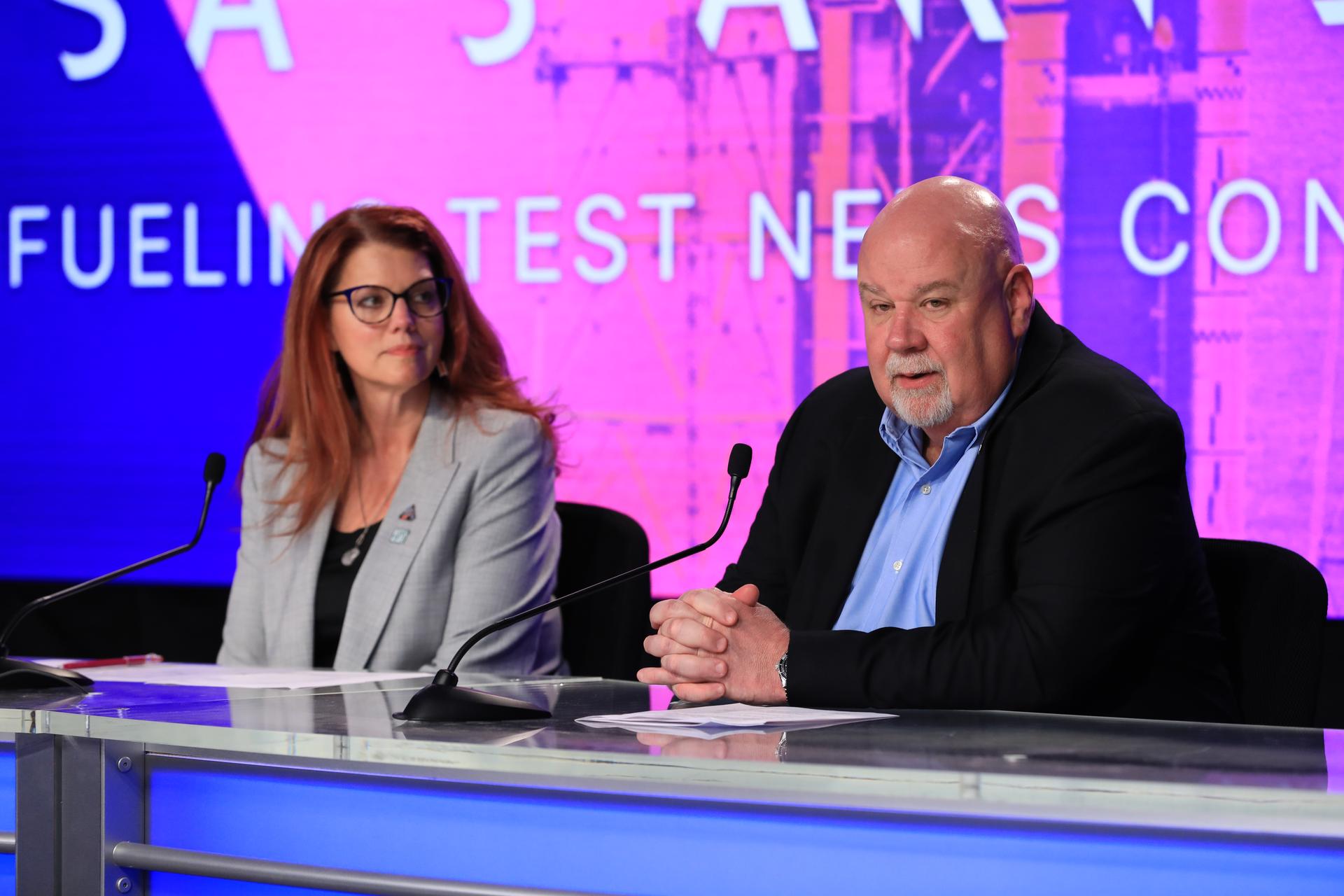 Charlie Blackwell-Thompson, NASA’s Artemis II launch director, and John Honeycutt, NASA’s chair of the Artemis II Mission Management Team, speak to reporters at Kennedy Space Center, Florida, on Friday, February 20, 2026.