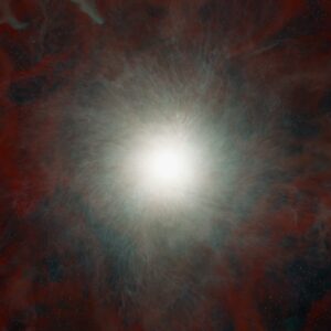 An illustration of a star that collapsed, forming a black hole. The black hole is at the center, unseen. Surrounding it is a dust shell moving away from the black hole and gas being pulled toward it.