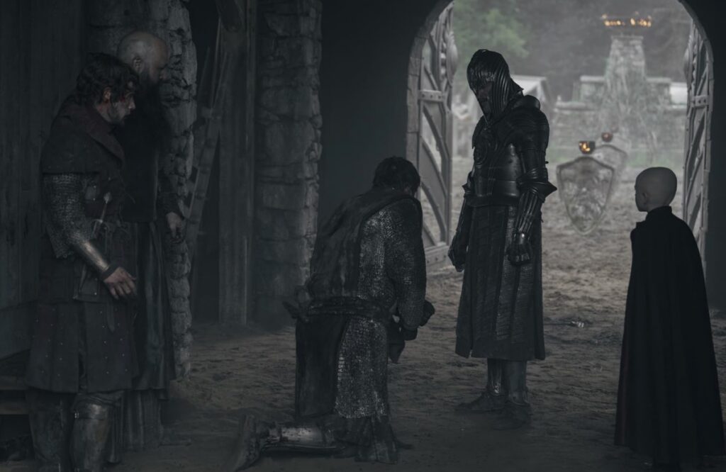 injured knight kneeling before his prince