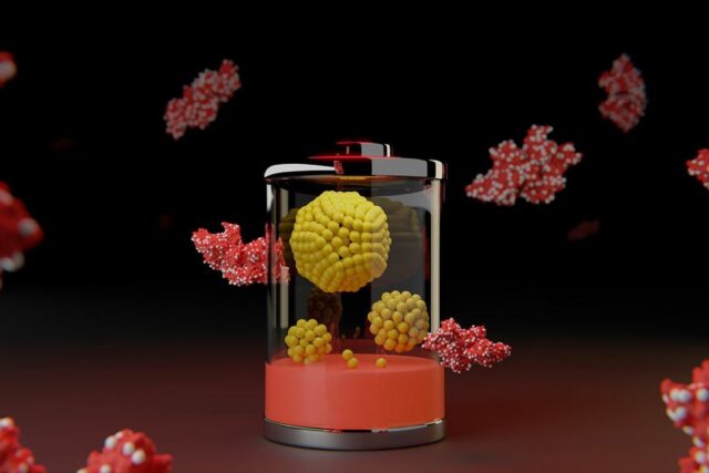 An illustration symbolizes new battery technology: Proteins (red) hold tiny clusters of metal (silver). Each yellow ball in the structures at center represents a single atom of nickel or iron.
