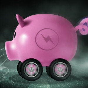 A piggy bank on wheels with an electric bolt for a tail