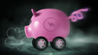 A piggy bank on wheels with an electric bolt for a tail