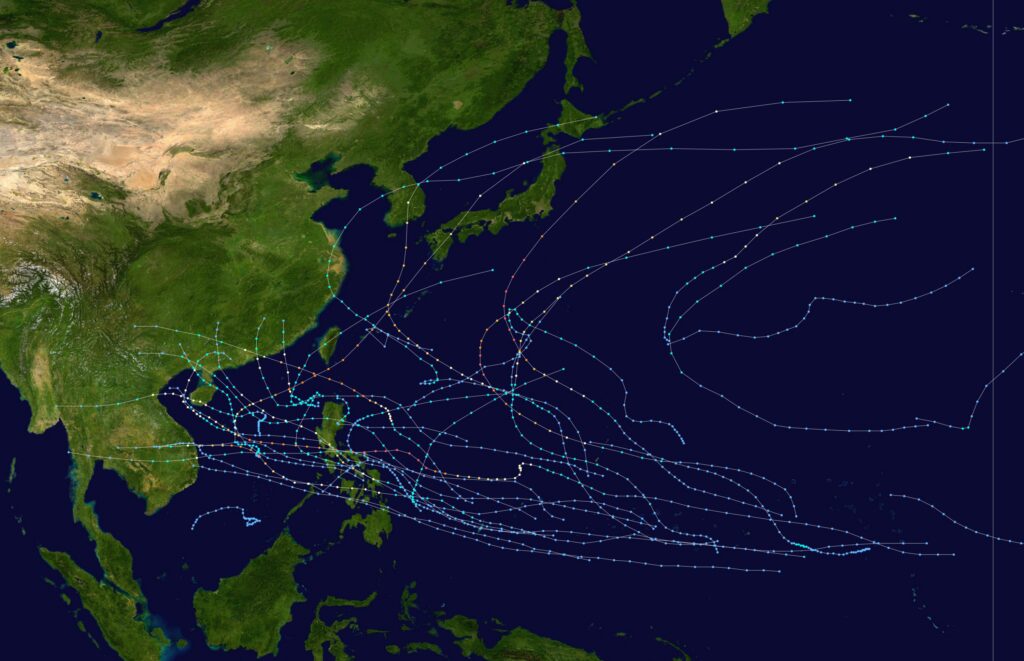 map of the Pacific ocean and China showing typhoon paths
