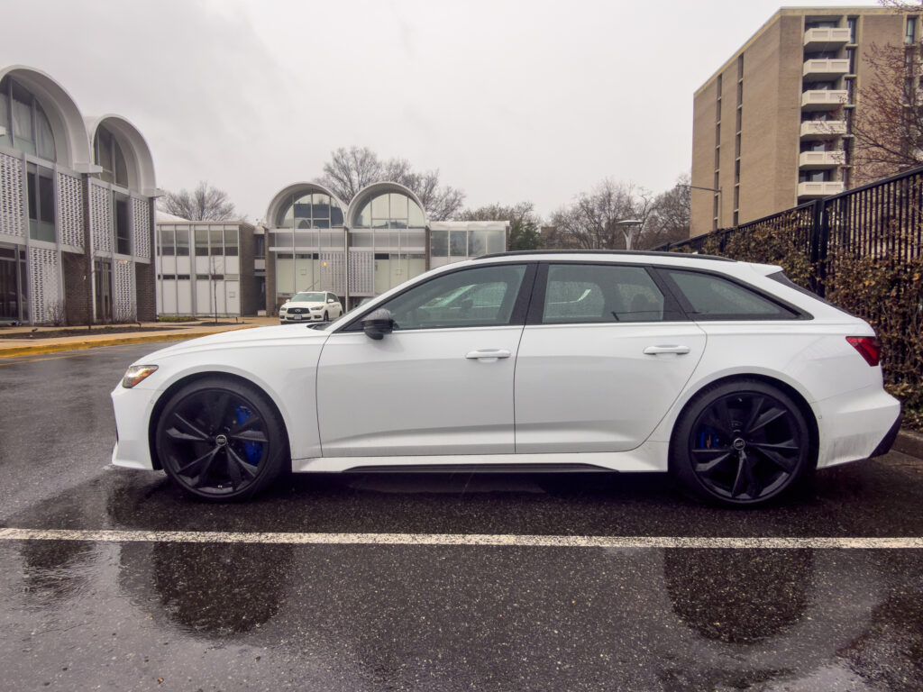 A white Audi RS6 in profile.