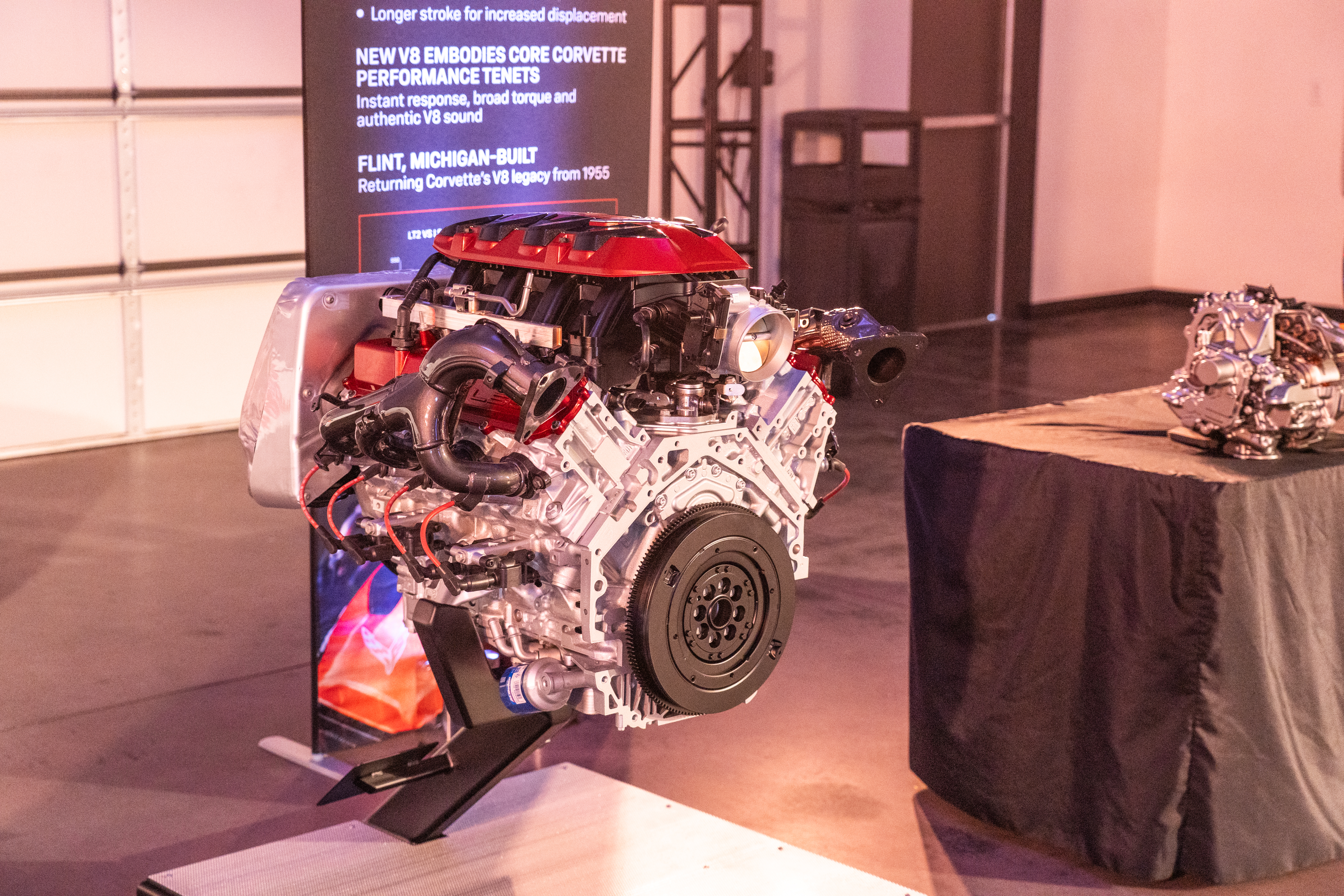 A V8 on a display stand