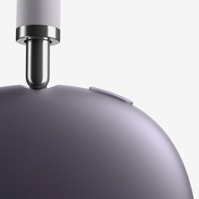 A close up of an AirPods Max 2 can in the starlight (purple) colorway.