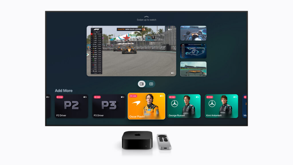 An TV showing one of the Apple TV DF1 multi view pages
