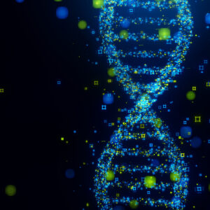 Digital generated image of DNA made out of blue and green data on black background.