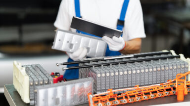 Serviceman repairing electric vehicle battery pack in workshop