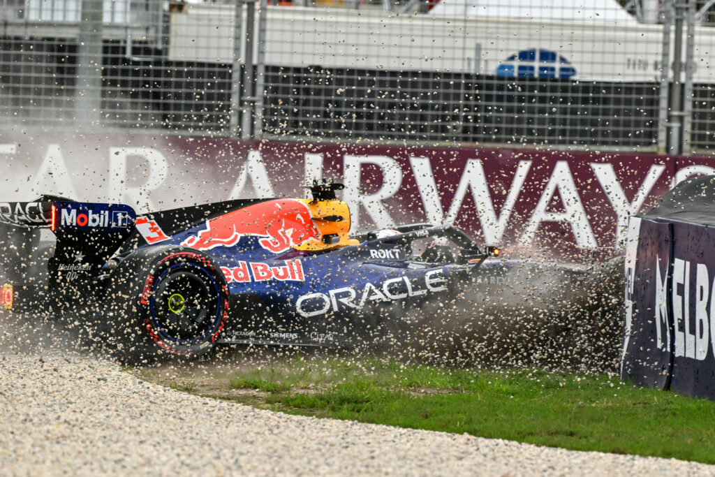 TOPSHOT - Red Bull Racing's Dutch driver Max Verstappen crashes during the qualifying session of the Formula One Australian Grand Prix at the Albert Park Circuit in Melbourne on March 7, 2026. (Photo by Paul Crock / AFP via Getty Images)
