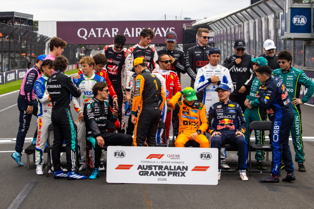 MELBOURNE, AUSTRALIA - MARCH 8: The drivers prepare for their group photo on track during the F1 Grand Prix of Australia at Albert Park Grand Prix Circuit on March 8, 2026 in Melbourne, Australia. (Photo by Jayce Illman/Getty Images)
