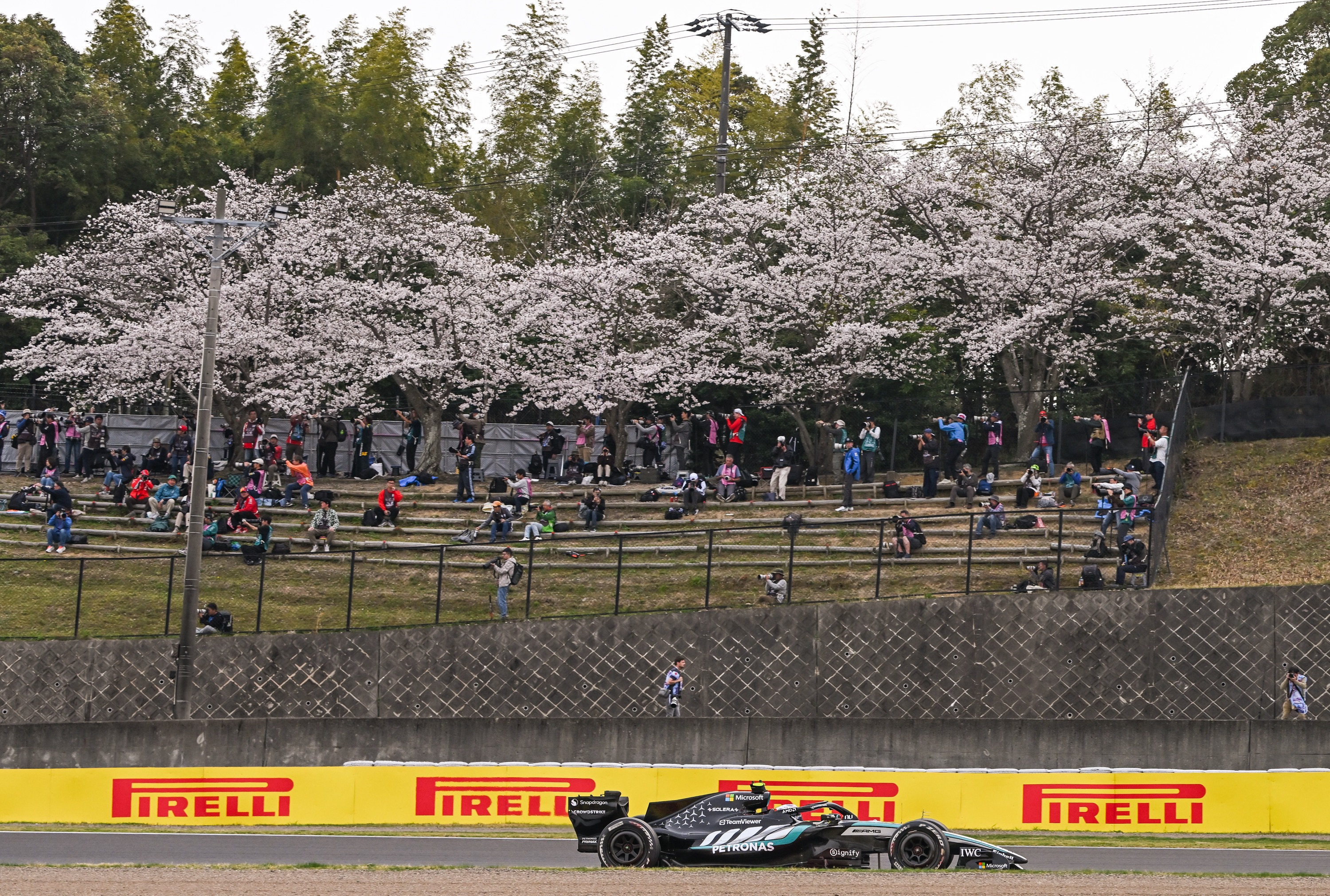 SUZUKA, JAPAN - MARCH 29: Kimi Antonelli of Mercedes-AMG Petronas F1 Team drives past cherry blossoms in full bloom during the 2026 Japanese Grand Prix at Suzuka Circuit in Suzuka, Mie Prefecture, Japan, on March 29, 2026. (Photo by Artur Widak/NurPhoto)