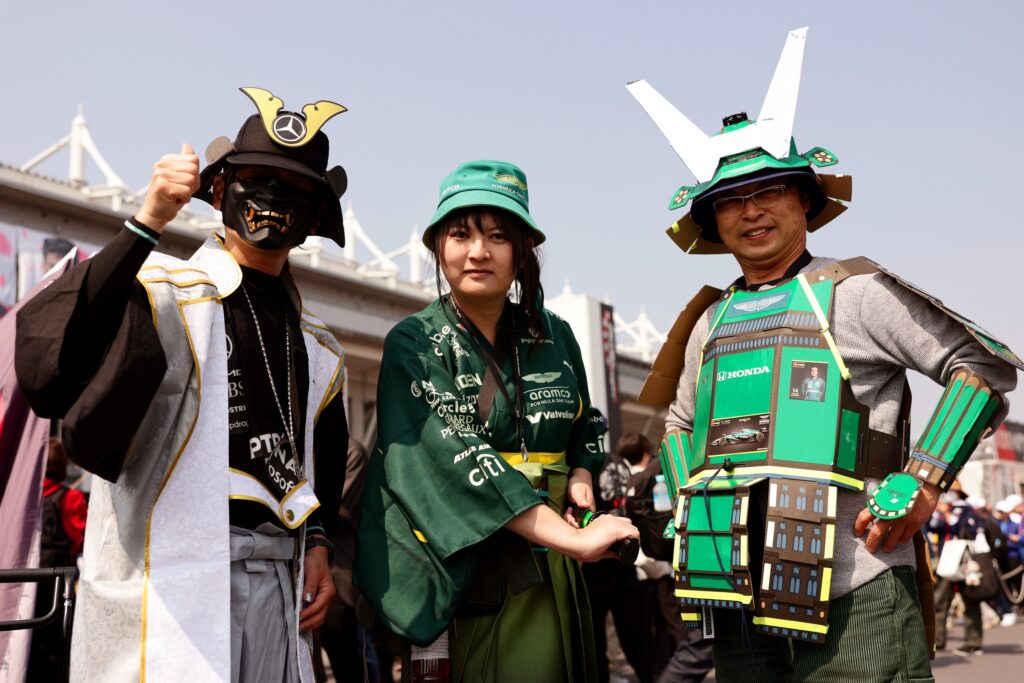 SUZUKA, JAPAN - MARCH 28: Fans of Mercedes AMG Petronas F1 Team and Aston Martin F1 Team prior to final practice ahead of the F1 Grand Prix of Japan at Suzuka Circuit on March 28, 2026 in Suzuka, Japan. (Photo by Mark Thompson/Getty Images)