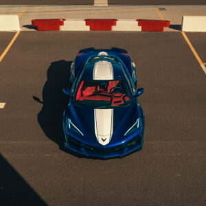 A blue and white Corvette Grand Sport seen from above