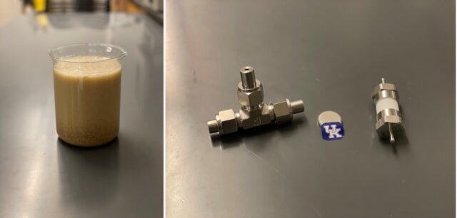 Researchers converted bourbon distillery waste (left image) into electrodes for supercapacitors (right image) that store more energy per kilogram than commercial devices.