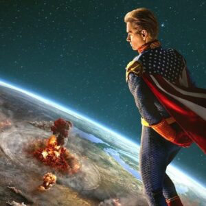 shot of Homelander (blond superhero) in near-Earth atmosphere watching bombs go off on the planet below.