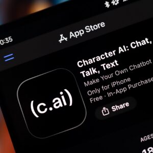 The Character.AI app store listing appears on an iPhone screen