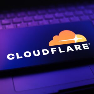 Cloudflare's logo displayed on a smartphone screen.