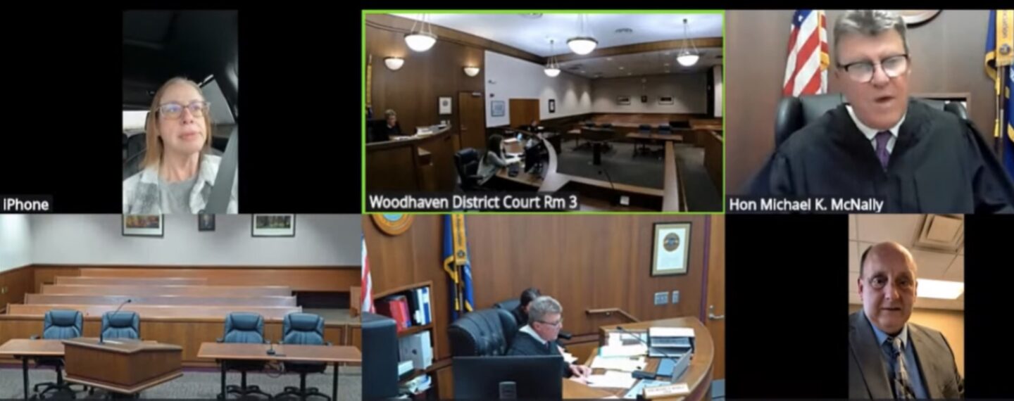 A screenshot from the court hearing in Woodhaven, MI.
