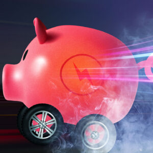 A piggybank with wheels.