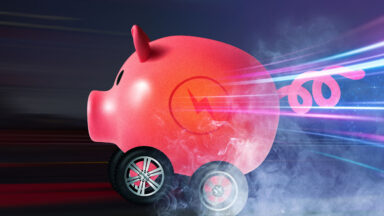 A piggybank with wheels.