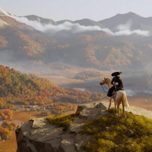 A landscape and a warrior from Ghost of Yotei