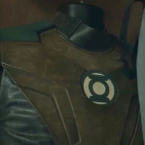 shot of a Green Lantern suit hanging in a closet with the lantern logo visible on the front.