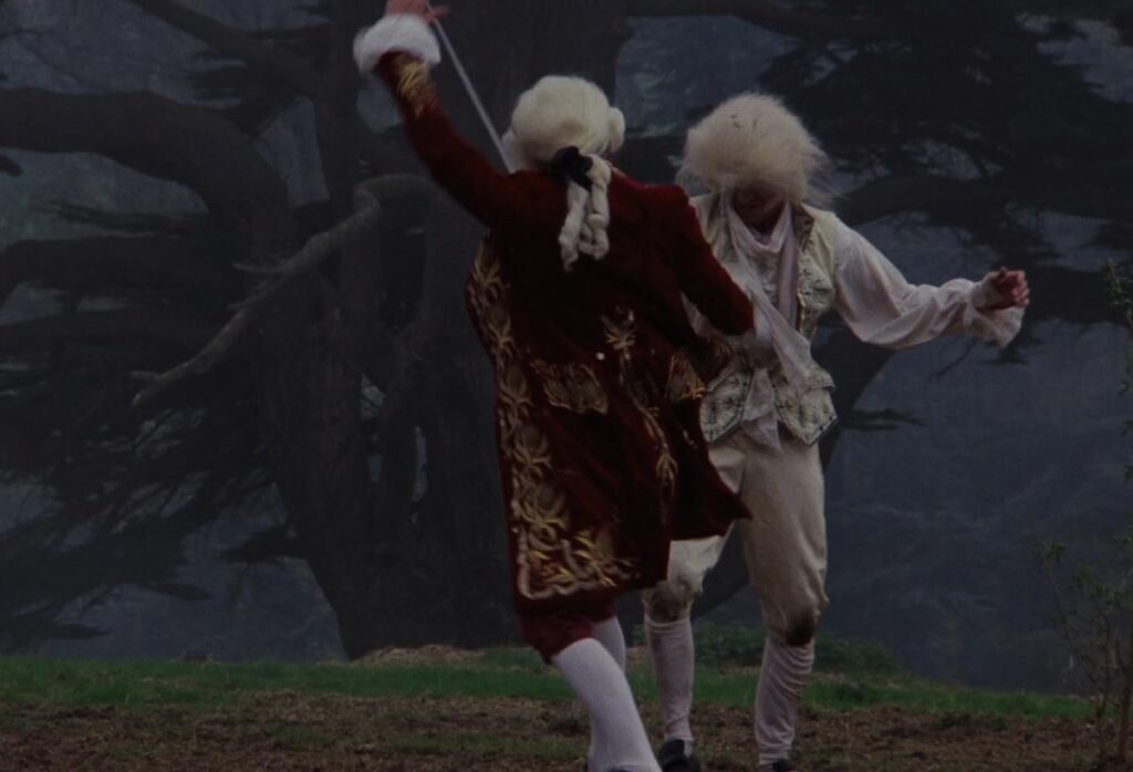 two 18th century aristocrats trying to duel with swords while drunk