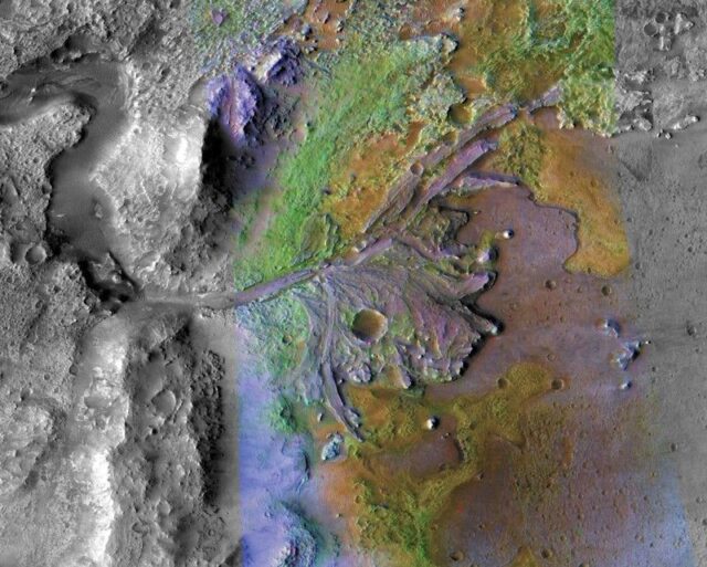 Aerial view of Jezero Crater on Mars